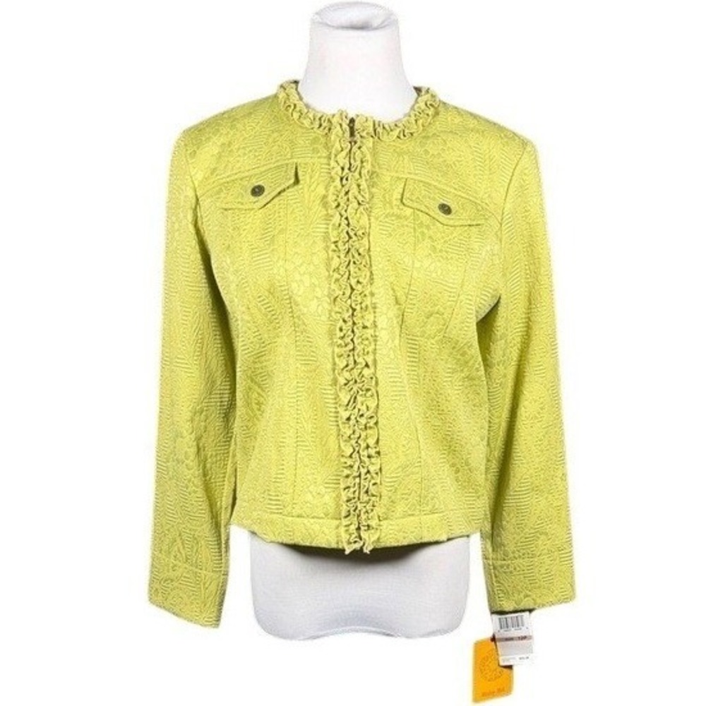 Ruby Rd Petite‎ Lime Green Textured Jacquard Ruffle Zip Front Jacket 12P NEW